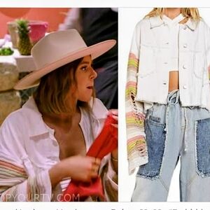 Distressed White Cropped Denim Jacket with Pastel Striped Knit Sleeves. Small.